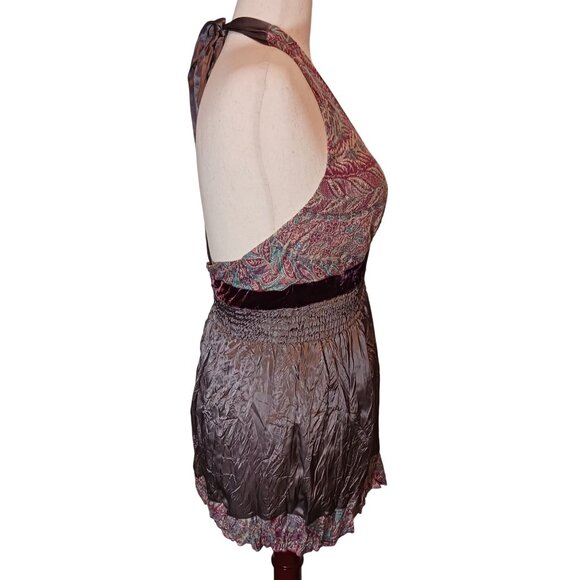 Hale Bob Silk Embellished Halter Crinkle Mini Dress in Gray & Pink Multi, Size M - Picture 5 of 16